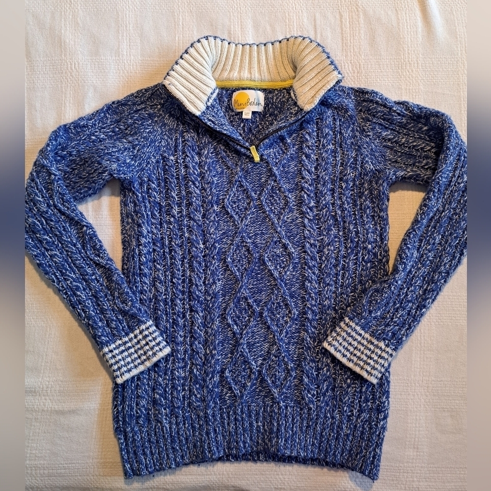 Mini Boden boys size 9-10 years blue & white pullover, 1/4 zipper VGUC